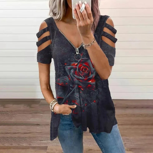 Elegant Large Rose Print T-Shirt Women Summer Hollow Out Splicing Short Sleeve Tops Fashion Loose V Neck Zipper Female Tees 2024